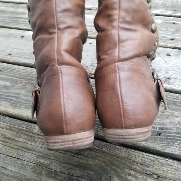 Y2k Not Rated Brown Faux Vegan Leather Exposed Zipper Stud Rhinestone Tall Boots - Picture 5 of 10